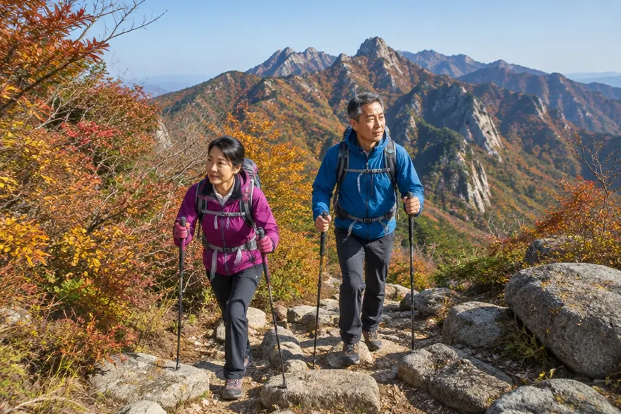 단풍 든 산길 돌계단을 배낭을 메고 오르는 50대 한국인 여성