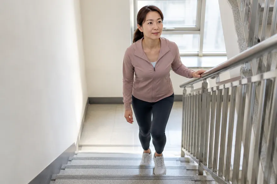 아파트 비상계단을 난간 옆으로 한 칸씩 오르는 40대 한국인 여성