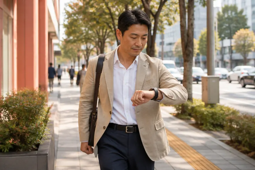 퇴근길 도심 보도를 휴대폰 걸음 수를 확인하며 걷는 40대 한국인 남성