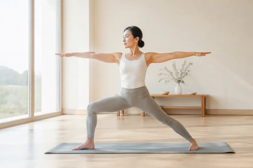밝은 요가 스튜디오에서 매트 위에 전사 자세를 하는 30대 한국인 여성